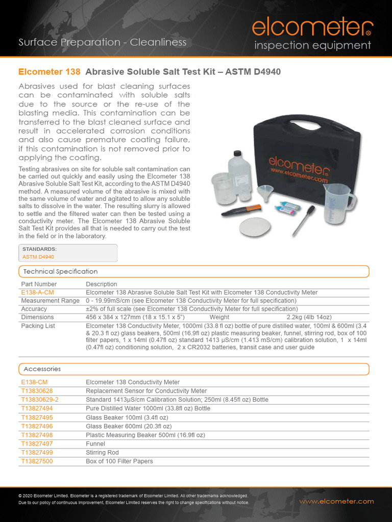 Elcometer 138 Soluble Salt Testing Guide | PDF | Water | Materials