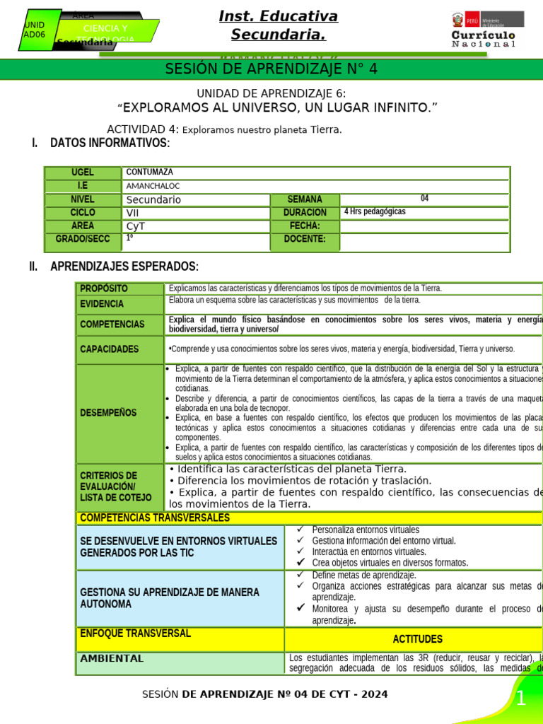 Sesión de Aprendizaje n4 Noviembre | PDF | Tierra | Aprendizaje