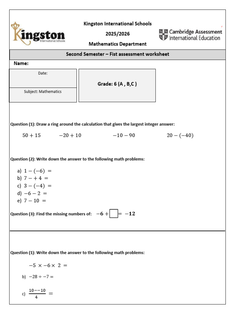 Integer Operations Worksheet for Grade 6 | PDF