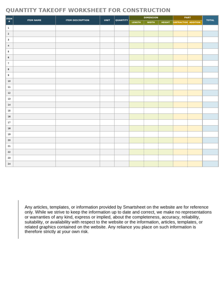 Construction Quantity Takeoff Worksheet | PDF