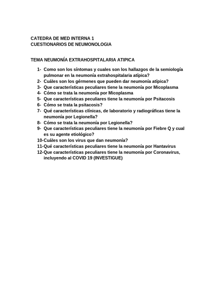 Cuestionario de Neumonia Atipica Extrah | PDF