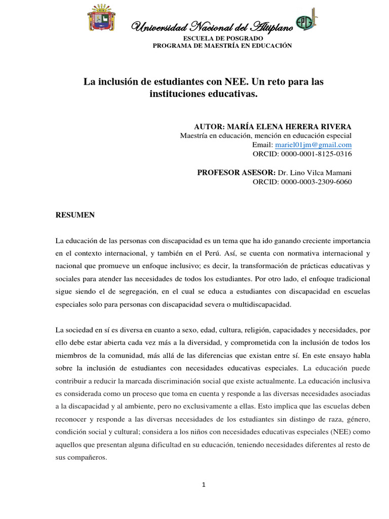 Inclusión de Estudiantes con NEE en Educación | PDF | Inclusión ...