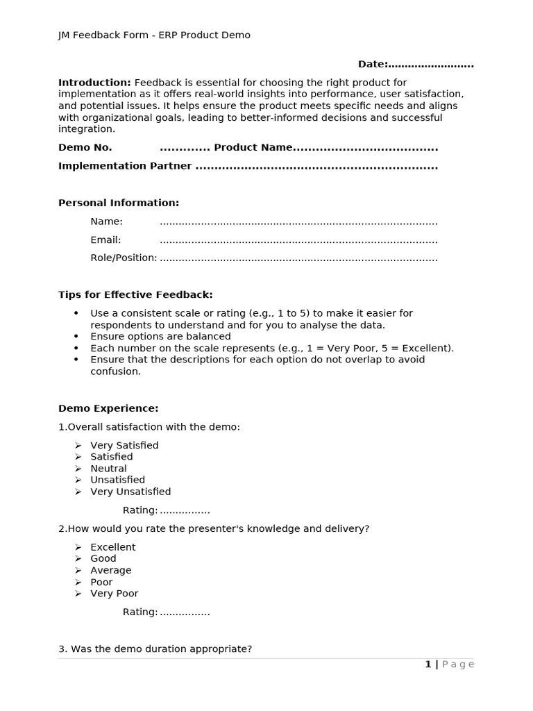 ERP Product Demo Feedback Form | PDF | Enterprise Resource Planning ...