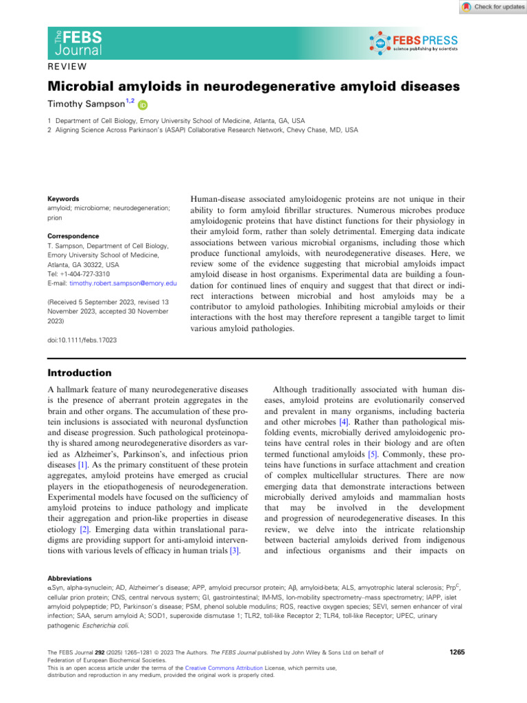 Microbial Amyloids in Neurodegenerative Amyloid Diseases | PDF ...