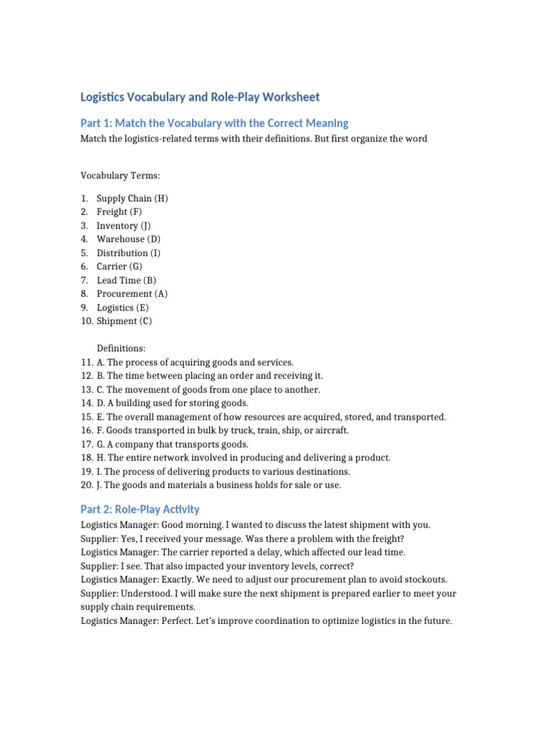 Logistics Vocabulary Worksheet | PDF