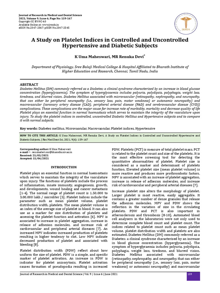 A Study On Platelet Indices in Controlled and Uncontrolled Hypertensive ...