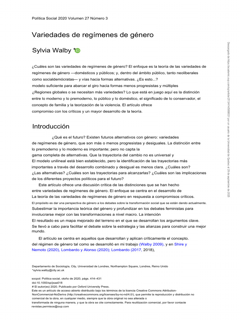 Walby S-Varieties of Gender Regimes | PDF | Democracia | Ideologías ...