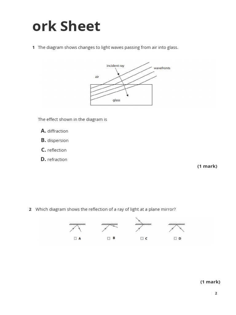 Work Sheet On Reflection and Refraction 5DMnG4KSHqp9Yr97 | PDF ...