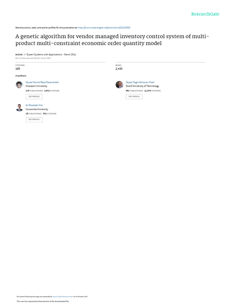 Genetic Algorithm for VMI Inventory Control | PDF | Supply Chain ...