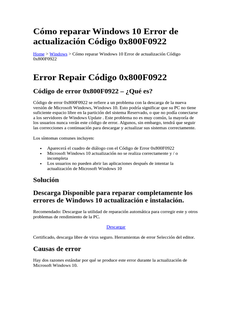 Solución al Error 0x800F0922 en Windows 10 | PDF | Windows 10 ...