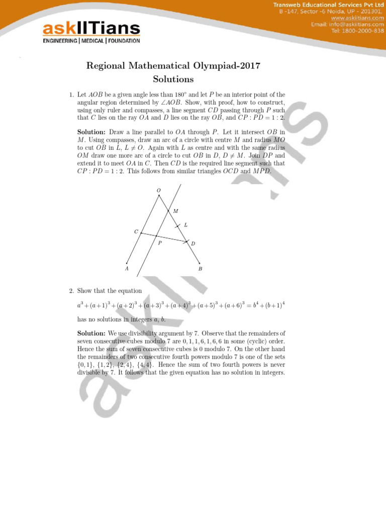 Regional Mathematical Olympiad 2017 Solutions | PDF | Circle | Polynomial
