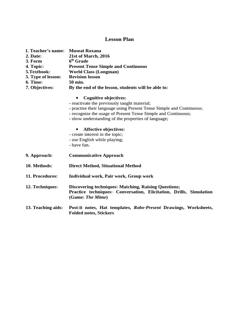 6th Grade Lesson Plan: Present Tenses | PDF | Lesson Plan | Teachers