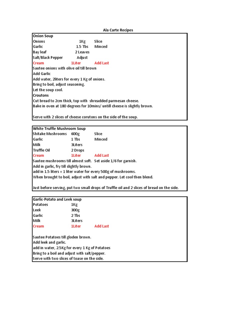 Ala Carte Recipes PDF