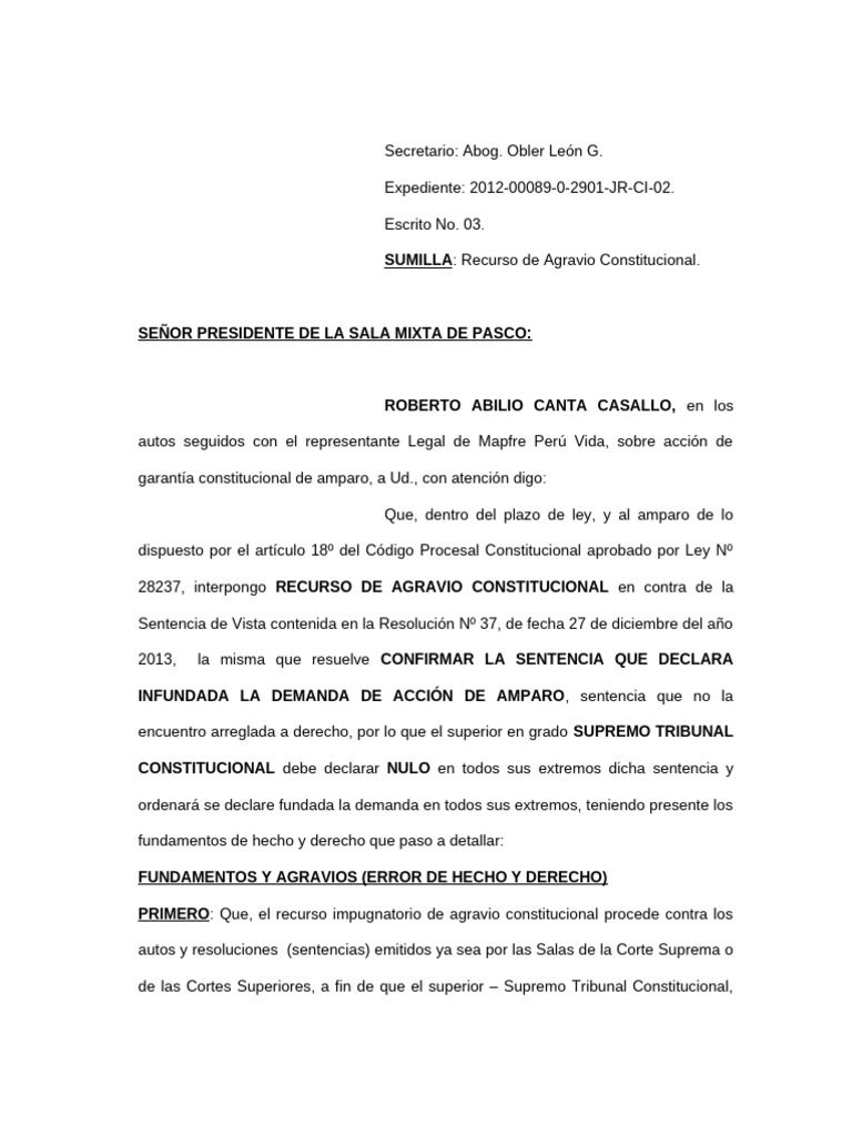Recurso de Agravio Constitucional | PDF | Sentencia (ley) | Demanda ...