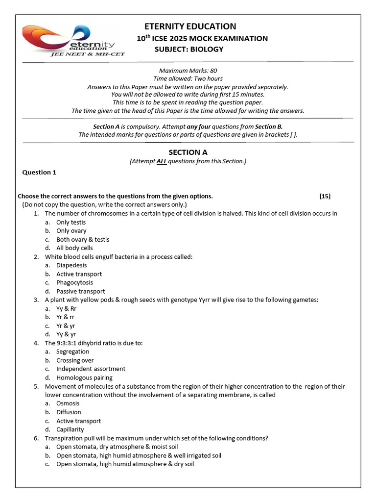 ICSE 2025 Biology Mock Exam Paper | PDF | Stoma | Cell (Biology)