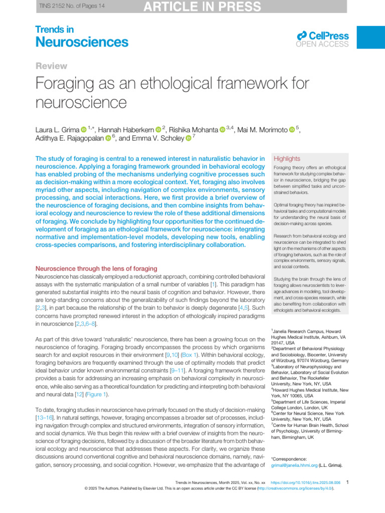 Foraging: A Neuroscience Framework | PDF | Foraging | Neuroscience