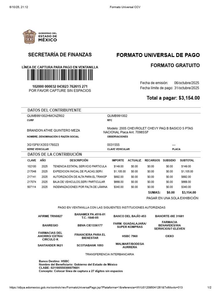 Formato Universal de Pago 2025 | PDF | Bancos | Finanzas personales