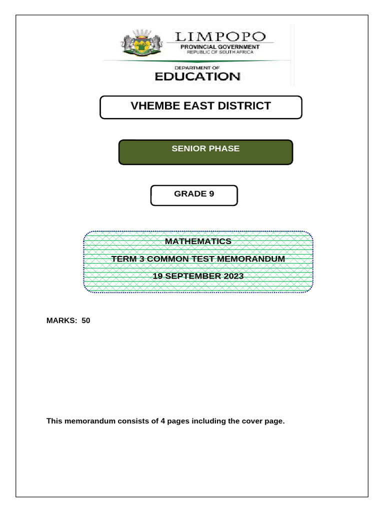 2023 Term 3 GR 9 Mathematics Test Memo | PDF | Mathematics