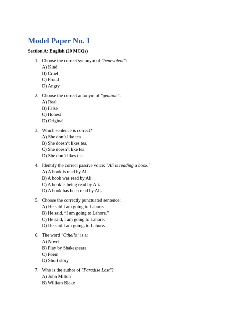 Model Paper: English, Pakistan Affairs & More | PDF | Pakistan | Umar