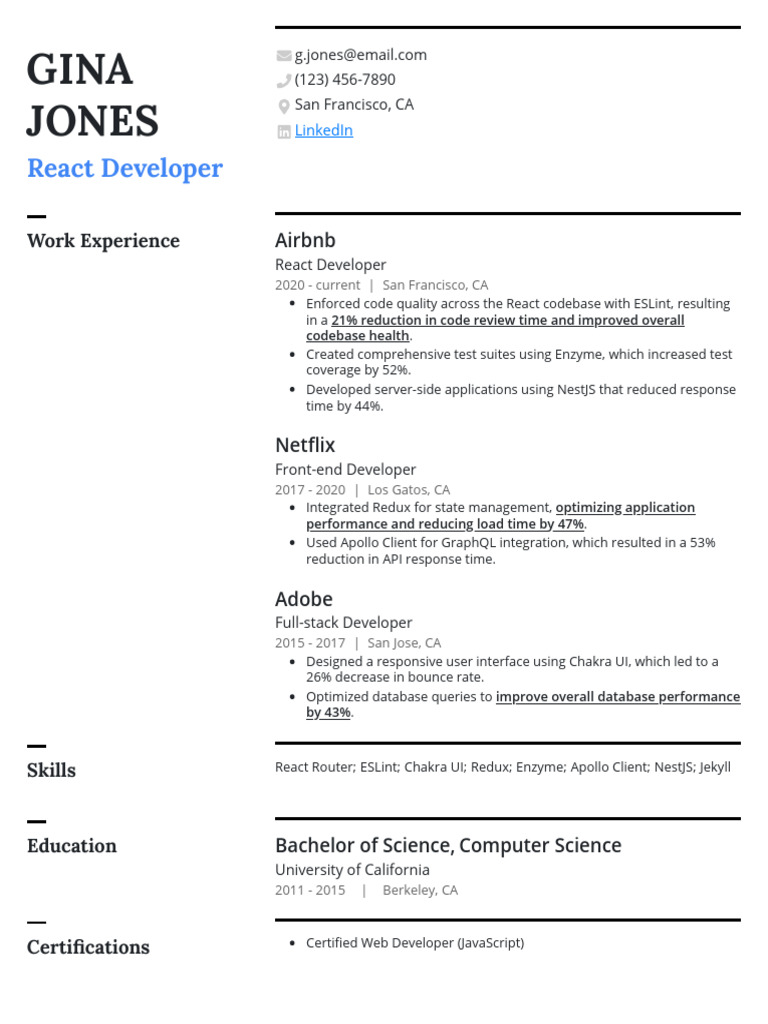 React Developer Resume Example | PDF