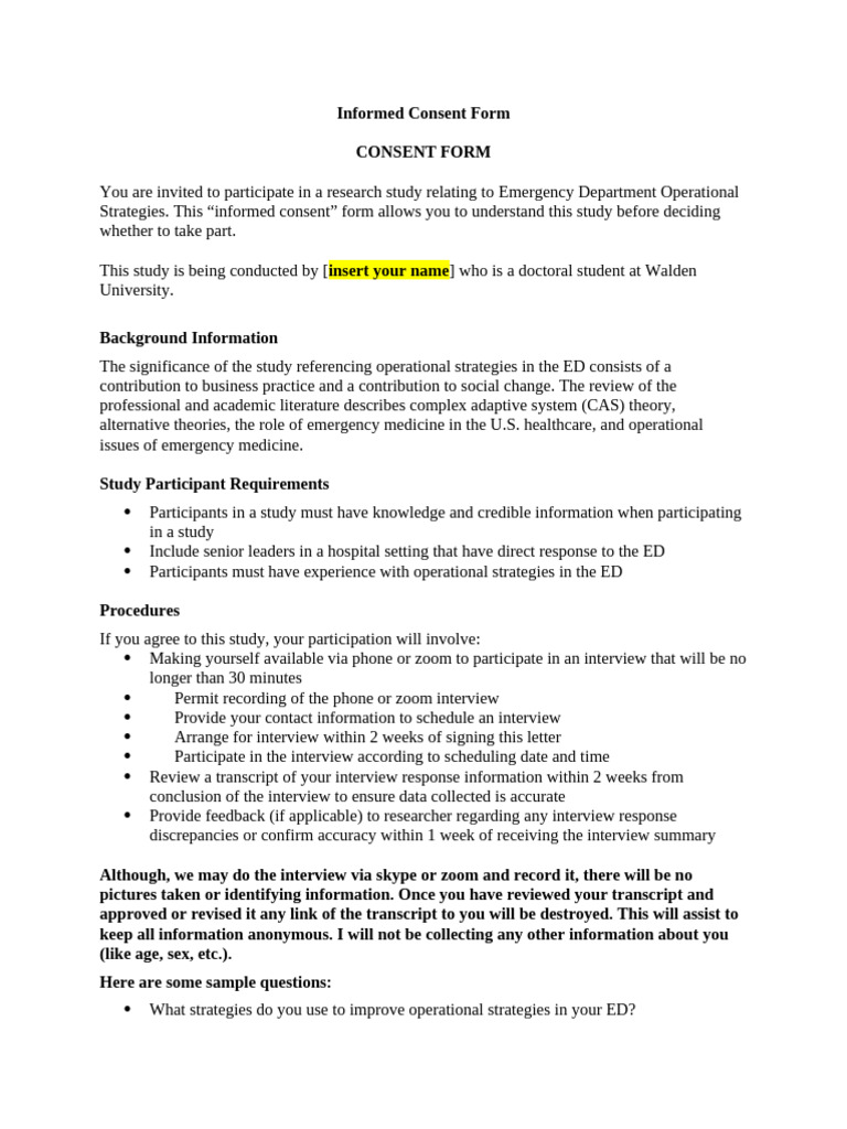 Emergency Department Study Consent Form | PDF | Information | Informed ...