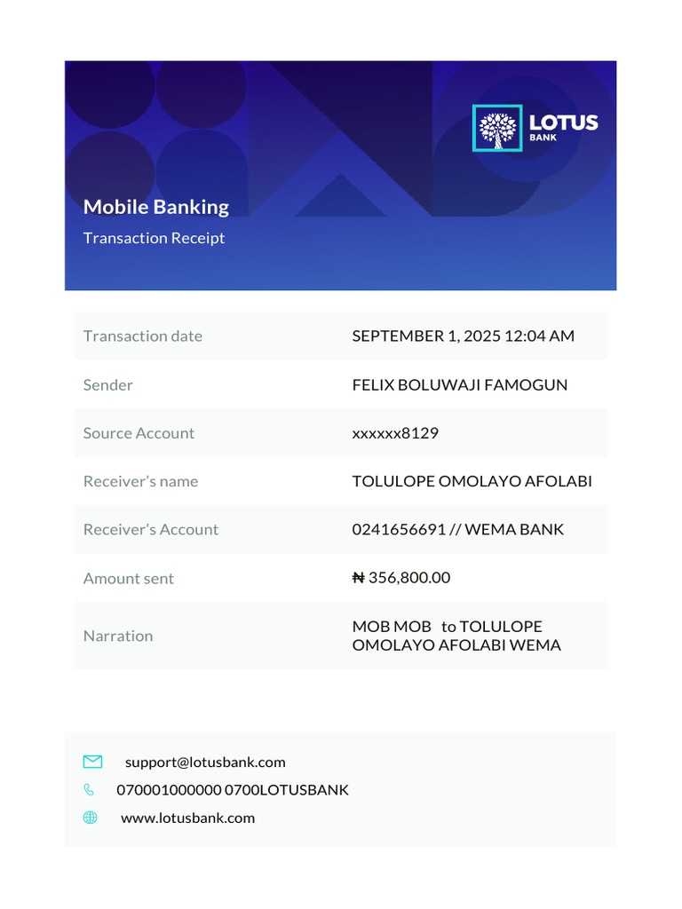 Lotus Bank - Transaction Receipt | PDF