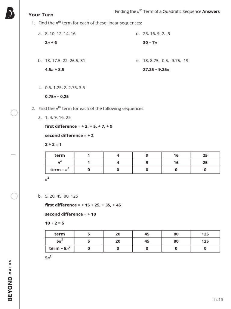 Finding The NTH Term of A Quadratic Sequence (Answers) | PDF ...