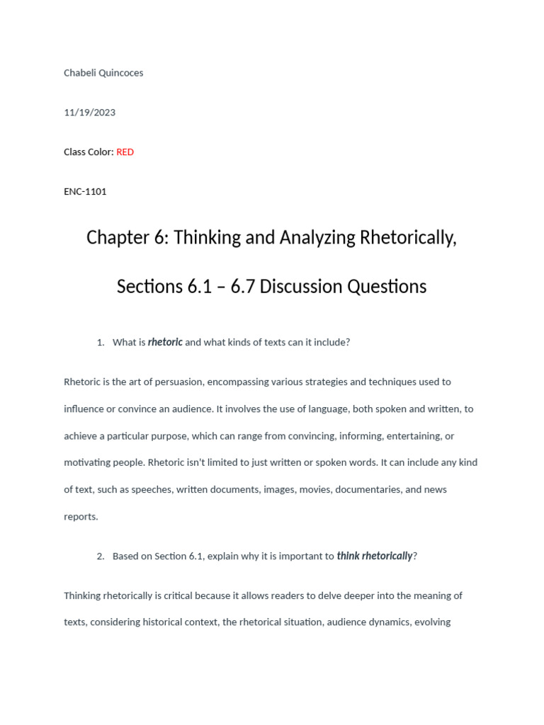 Chapter 6 - Discussion Questions: Thinking and Analyzing Rhetorically ...