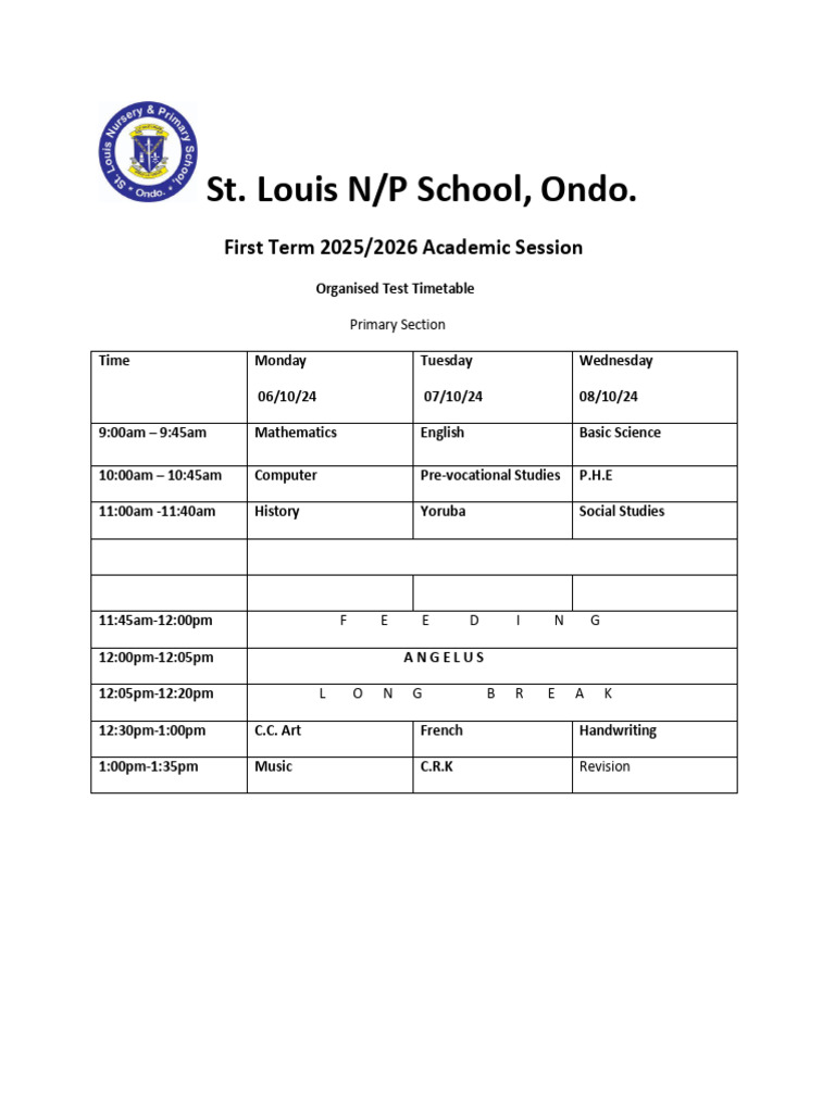 St. Louis N/P School Test Timetable 2025 | PDF