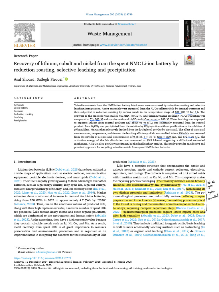 Recovery of Metals from Spent Li-ion Batteries | PDF | Lithium Ion ...