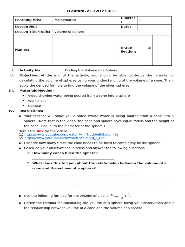 LAS Activity Volume of Sphere | PDF | Sphere | Volume