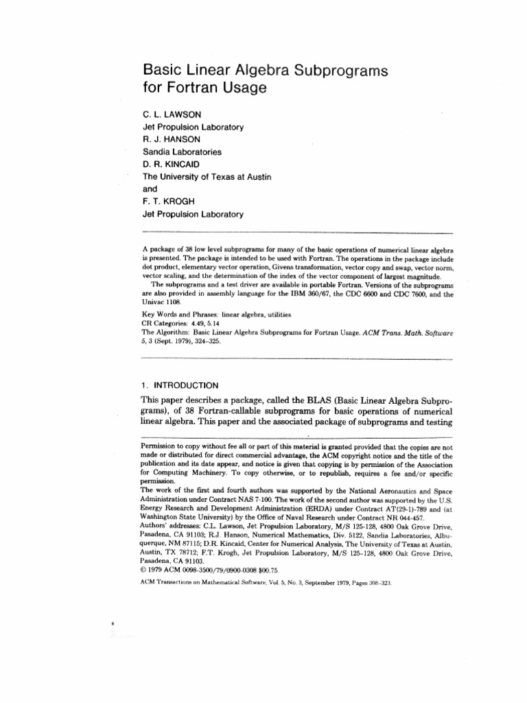 Basic Linear Algebra Subprograms For Fortran Usage - BLAS (1979) | PDF