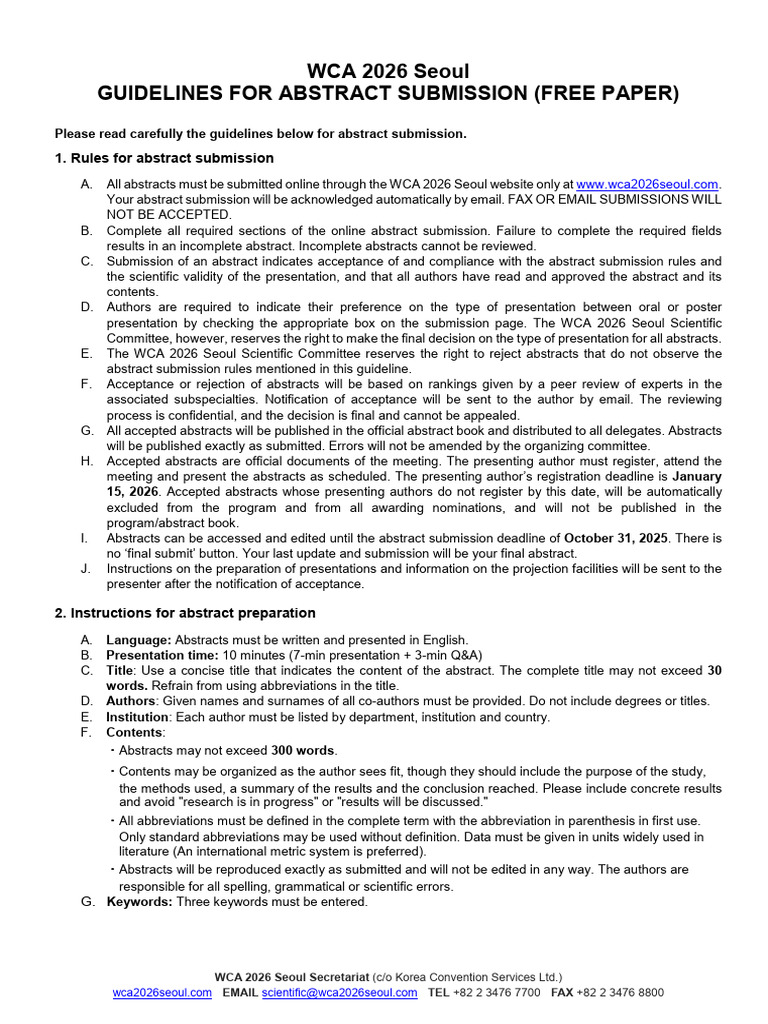 WCA 2026 Seoul Abstract Submission Guidelines | PDF | Abstract (Summary ...