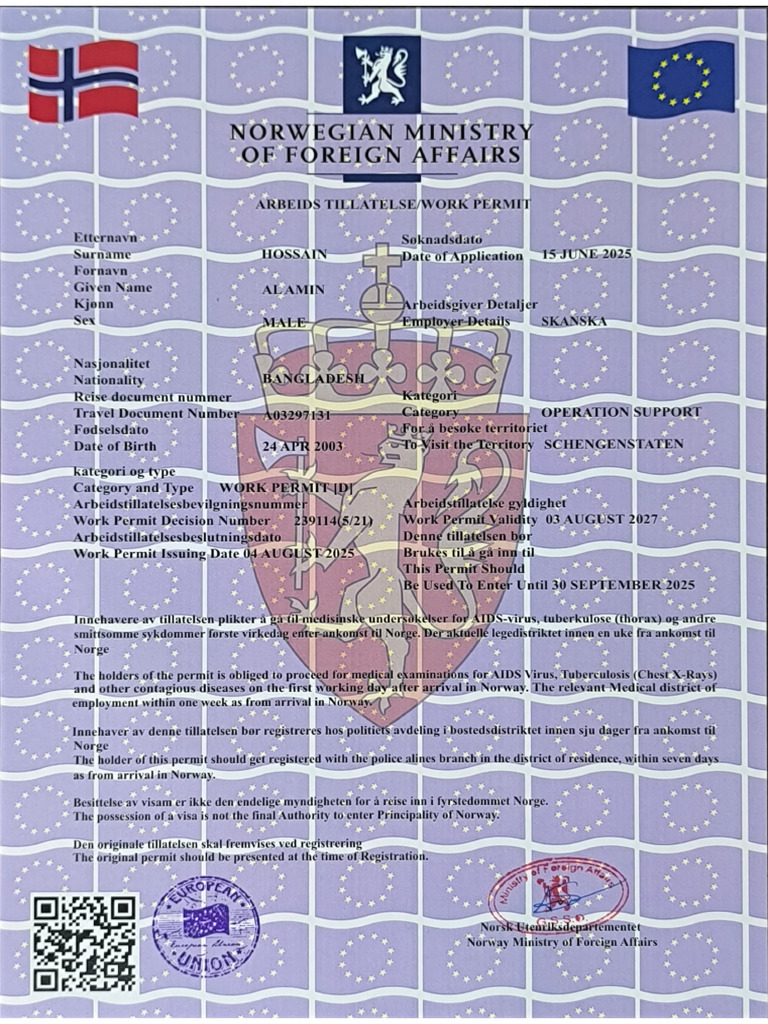 Al Amin Hossain Work Permit | PDF