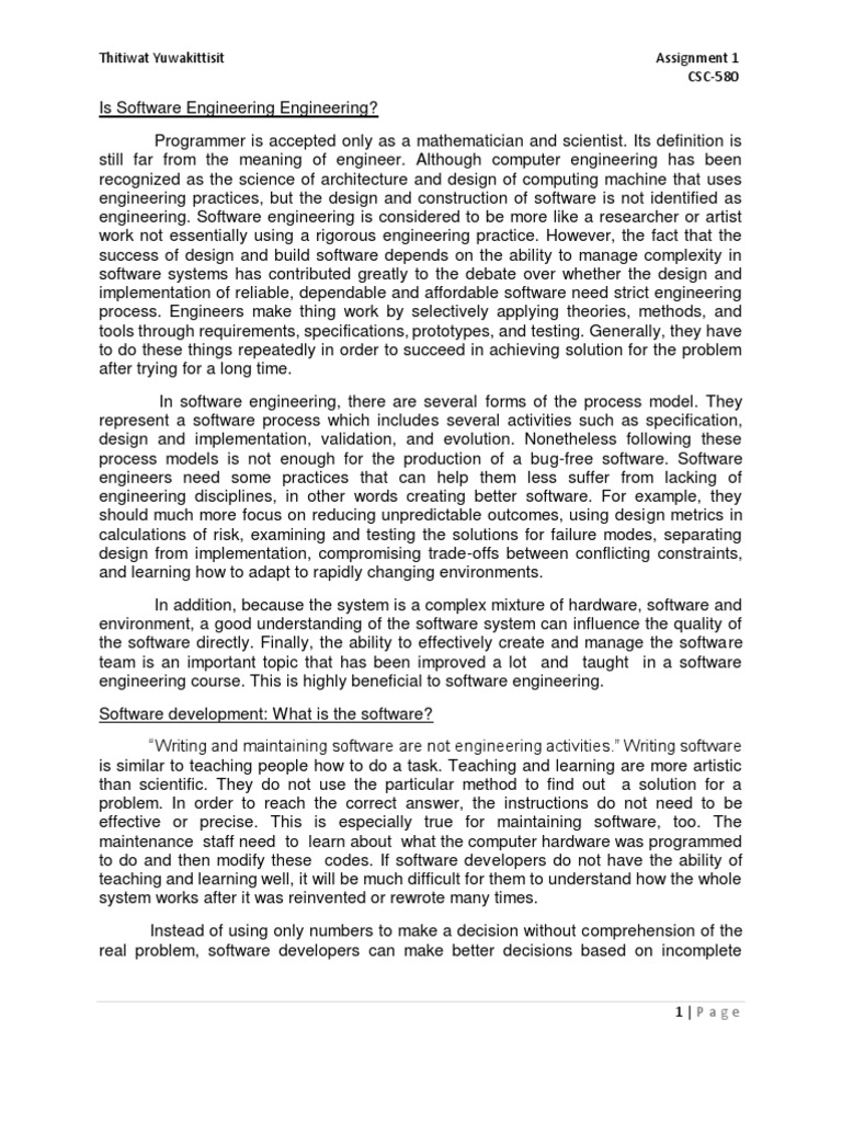 Thitiwat Yuwakittisit Assignment 1 CSC-580 | PDF | Software | Engineering