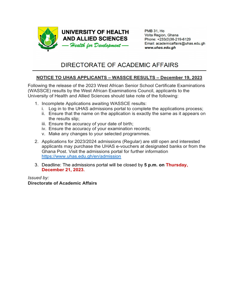 UHAS Admission Notice for WASSCE Applicants | PDF