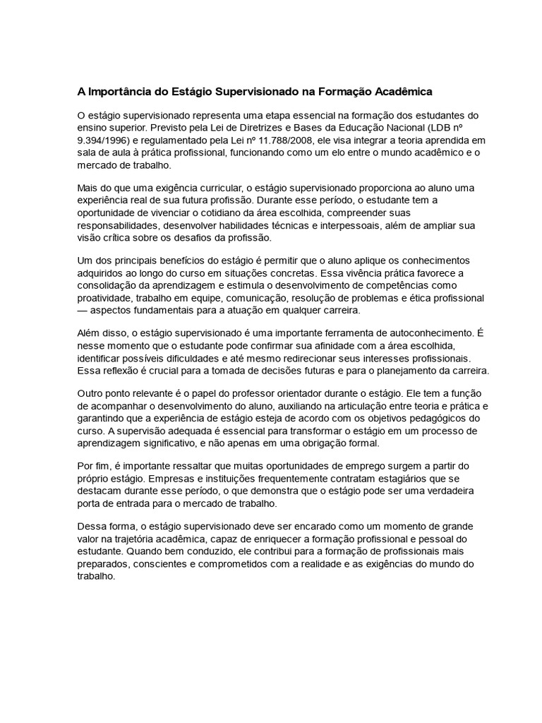Importância do Estágio Supervisionado | PDF | Aprendizado | Cognição