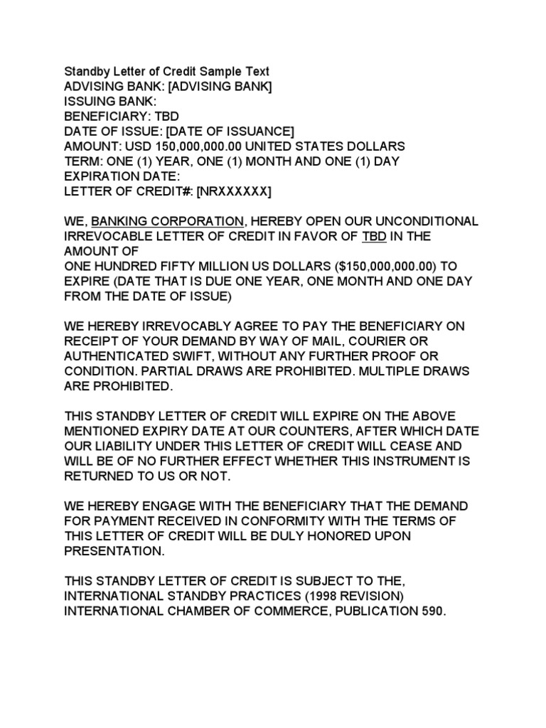 Standby Letter Of Credit Sample Text