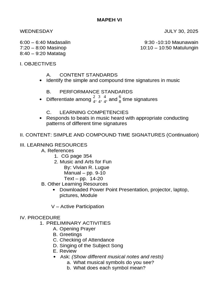 Mapeh LP 072225 Time Signatures | PDF | Rhythm | Music Theory