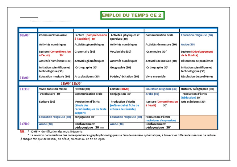 Emploi du temps CE2 2018/2019 MBACKE | PDF | Cognition | Écriture