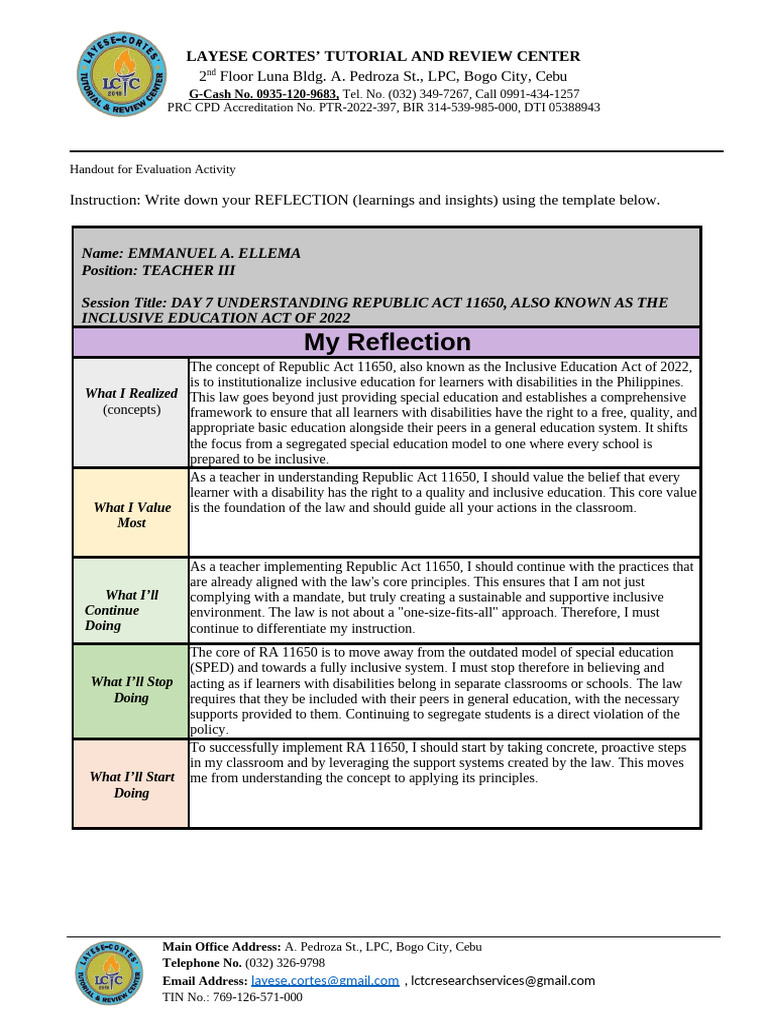 Reflection on Inclusive Education Act | PDF | Inclusion (Education ...