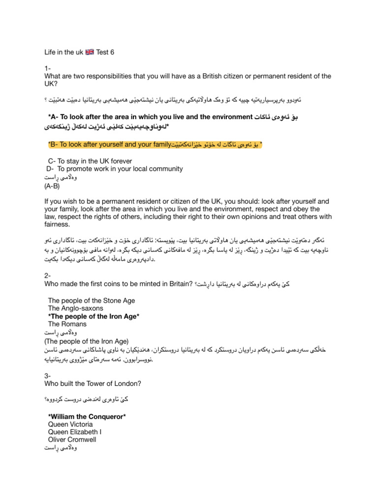 Life in The Uk Test 6 | PDF