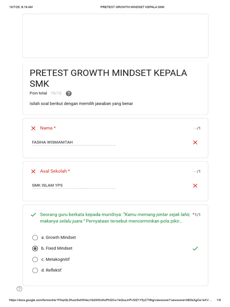 Pretest Growth Mindset untuk Kepala SMK | PDF