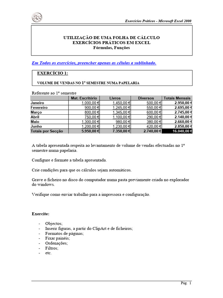 Exercícios Práticos em Microsoft Excel 2000 | PDF | Microsoft Excel ...