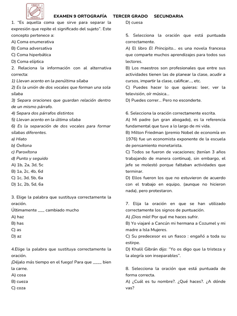 Examen de Ortografía para Tercer Grado | PDF | Palabra | Mecánica del ...