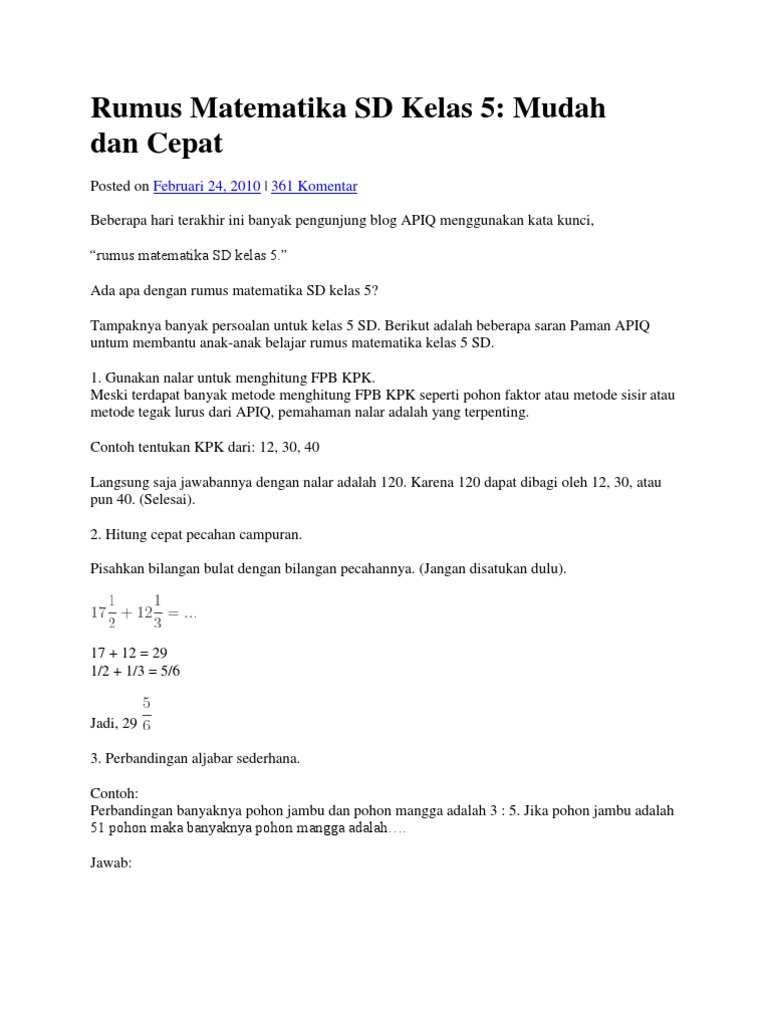 Rumus Matematika Sd Kelas 5 Pdf