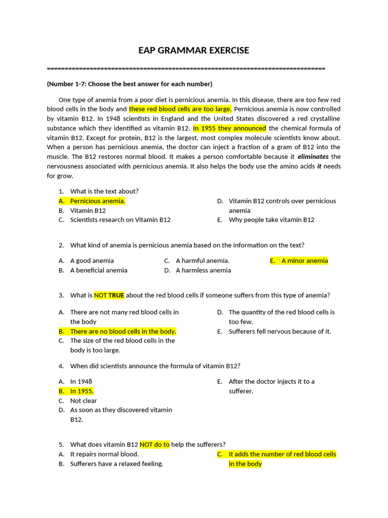 Eap (3) Grammar Exercise-Jawab | PDF | Vitamin B12 | Anemia