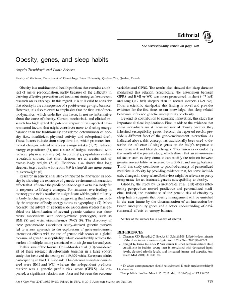 Obesity: The Role of Genetics and Sleep | PDF | Obesity | Genome Wide ...