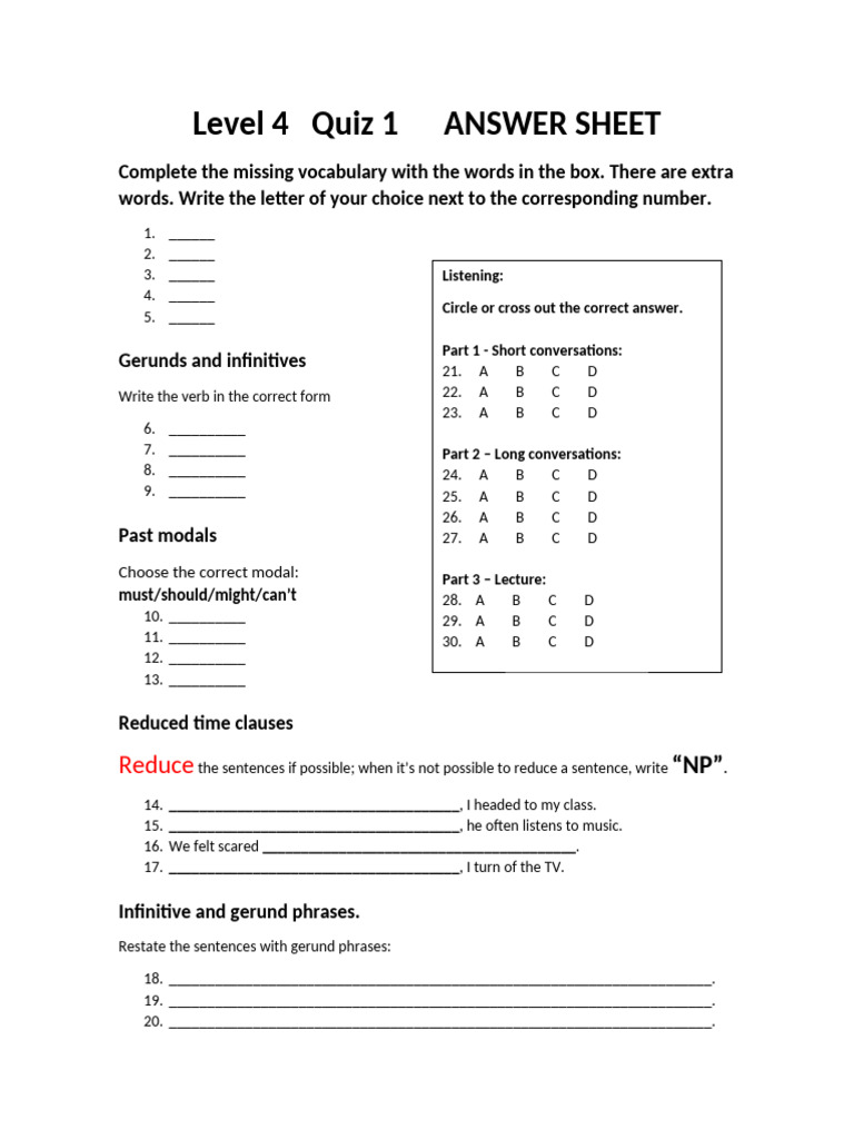 Level 4 Quiz 1 Answer Sheet | PDF