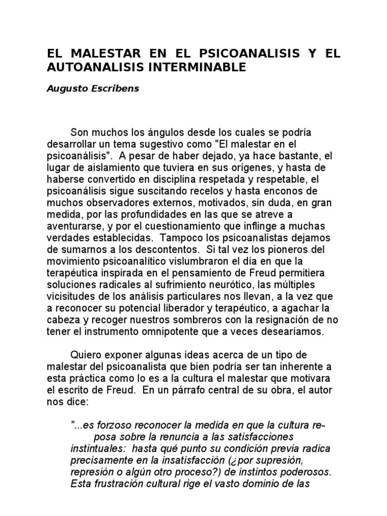 Malestar en el Psicoanálisis y Autoanálisis | PDF | Psicoanálisis ...